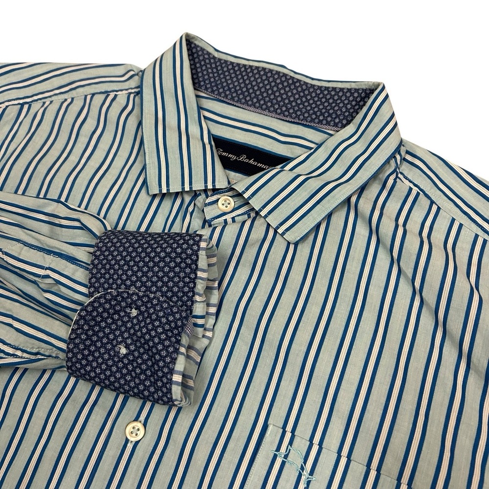 Tommy Bahama Trim Fit Button Down Shirt Men's XL‎ Blue Striped Floral Flip Cuff